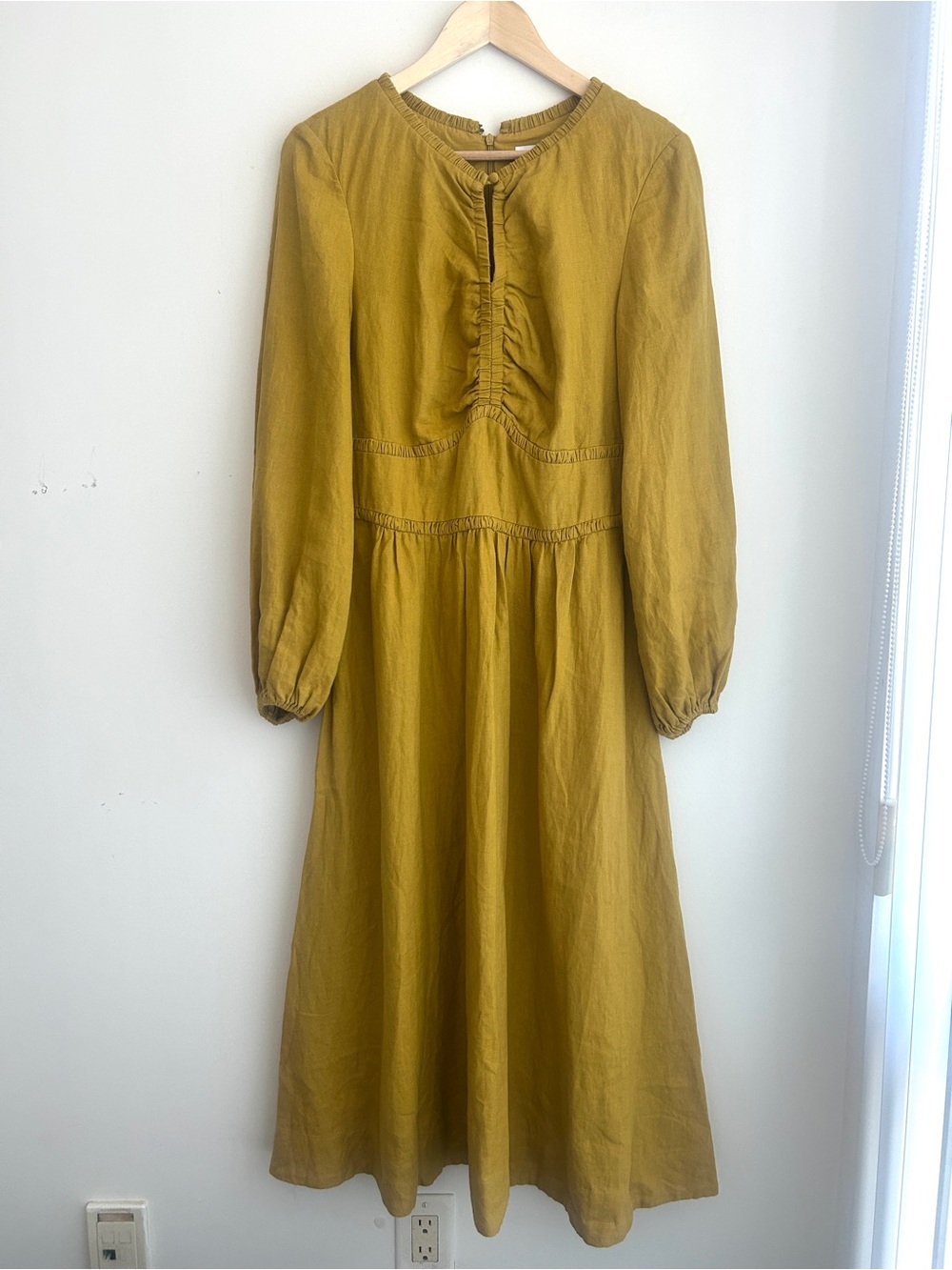 Women’s Mustard 100% Linen Long Sleeve Ruffle-Front Maxi Dress